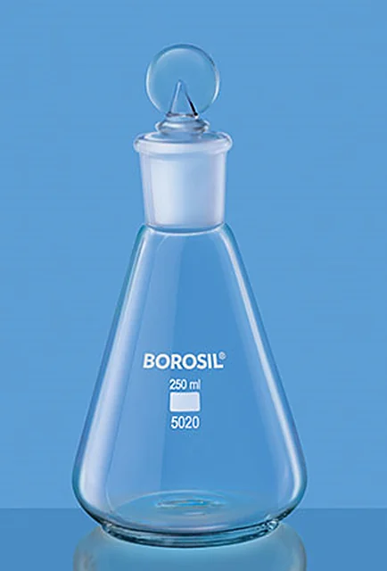Borosil 5019 Erlenmeyer (Conical) Flask, Narrow Mouth, With I/C Joint & Glass Stopper, Amber – Borosil