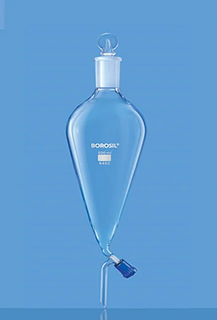 Borosil 6402 Separating Funnel, Pear Shape, With Glass Stopcock & I/C Glass Stopper – Borosil
