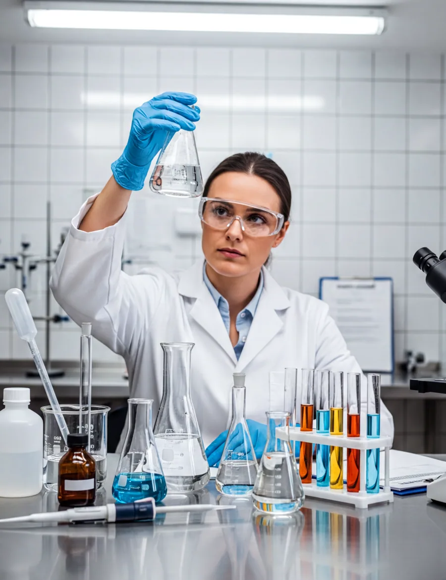 Scientist working with laboratory glassware and reagents